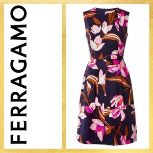 Salvatore Ferragamo Black & Pink Floral Midi A-Line Sheath Dress M
